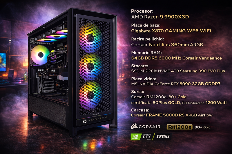 Ultimate Gaming RTX 5090 + Ryzen 9 9900X3D 64GB DDR5 4TB garantie 2 ani